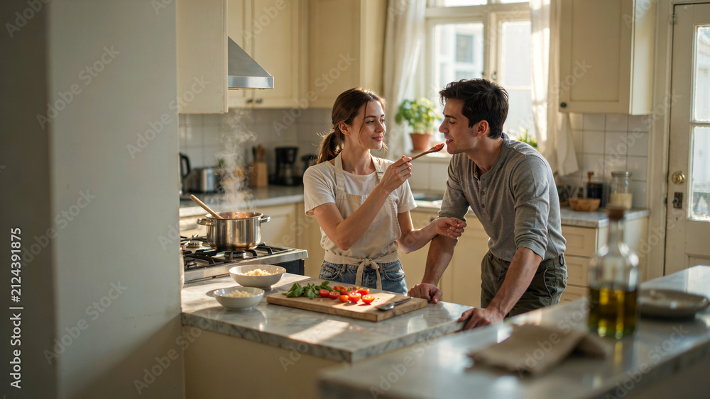 Fototapeta premium Young couple sharing a romantic moment while preparing a homemade meal in the kitchen with couple interacting affectionately affectionately woman feeds