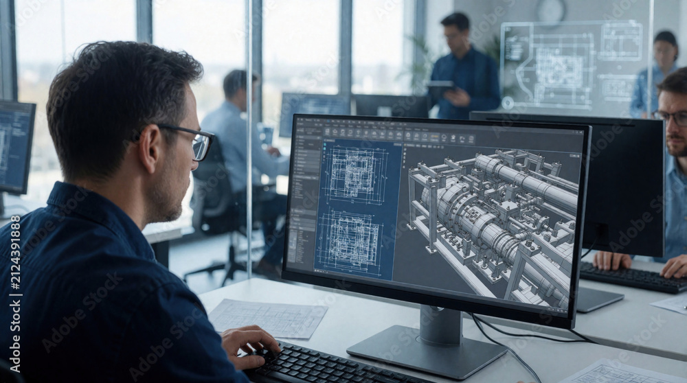 Naklejka premium Male mechanical engineer working on computer with CAD software for industrial design in modern office. Pro technician monitors technical blueprint on display modeling digital machine component for