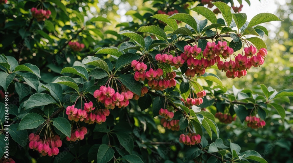 Obraz premium Euonymus europaeus bush displays bright pink berries and lush green leaves against a soft, blurred background. Its branches hang low, laden with ripe fruit ready for harvest in the garden.