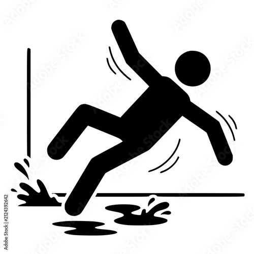 Foto Person slipping and falling on wet floor puddle vector stick figure pictogram ic