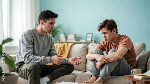 Two young men having a serious conversation while sitting together on a living room sofa with one man speaking intensely while other listens sad withdrawn expression