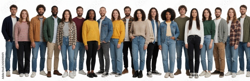 Fototapeta premium Large group of diverse young adults stand together on white background. Multiethnic men, women wear casual clothes like jeans, sweaters. Happy friendly people smile at camera in studio. International