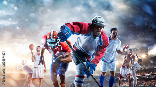 A multi-sport collage depicting various sports and hobbies. Athletes in a beautiful, large stadium full of fans. A collage of several sports. Collage