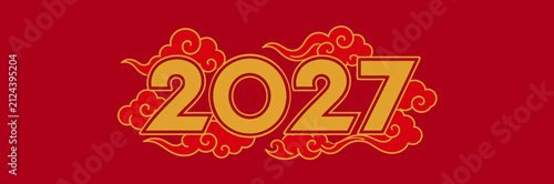 Lunar New Year 2027 celebration card element in gold and red, perfect for 2027 calendar headers, cultural marketing banners, retail sales ads, , and social media celebration templates