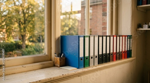 Inventory classification office window ledge lined with binders catching soft afternoon light
