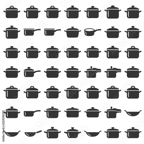 A grid of black silhouettes depicts various cookware items