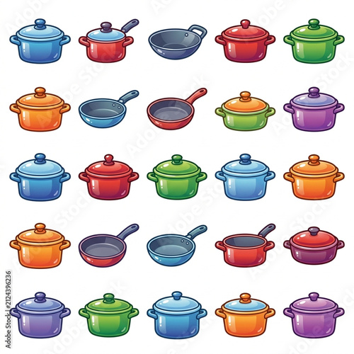 Row of colorful cartoon-style cookware illustrations
