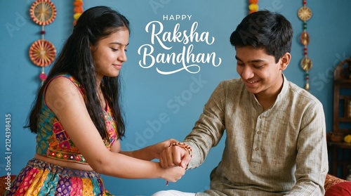 > Happy Raksha Bandhan greeting poster. Indian sister tying rakhi bracelet on brother wrist. Traditional Hindu festival celebrating sibling bond.