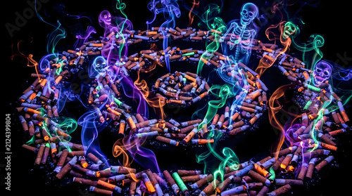 Spiral of cigarette butts with neon smoke skulls