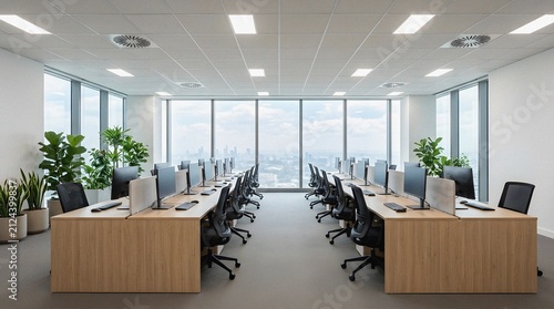 Modern open plan office interior with panoramic city skyline view.