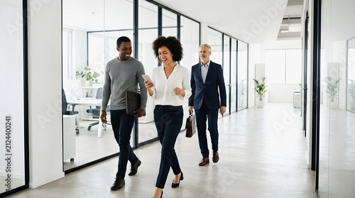 Diverse business people walking and smiling in a modern office corridor