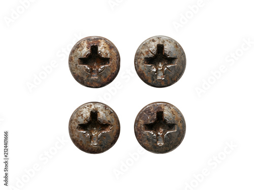 Four weathered and rusted phillips head screws isolated on transparent background