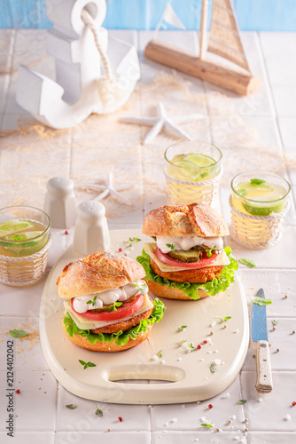Healthy and fresh fish burger as healthy snack for lunch.