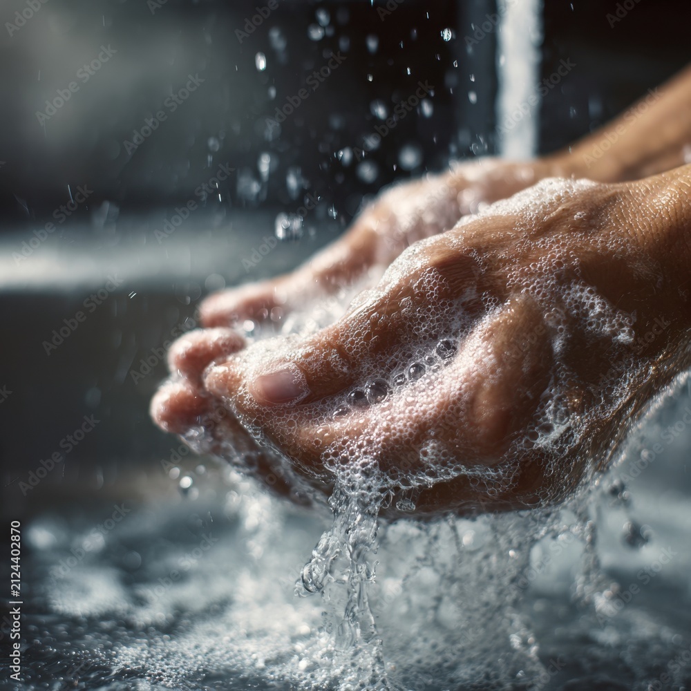 Fototapeta premium Person washing hands thoroughly with soap and water under running faucet for effective hygiene and cleanliness to prevent germs and illness transmission