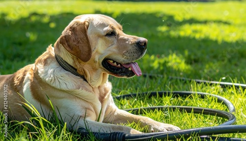 A beautiful yellow Labrador retriever resting on the green grass