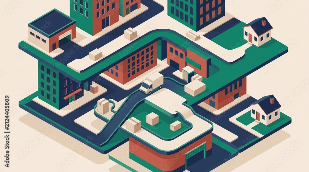 Fototapeta premium Isometric City Illustration with Delivery Truck and Winding Route Between Buildings