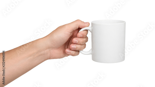 Hand Holding White Ceramic Mug Mockup on White Background