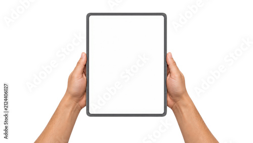 Hands Holding Tablet Computer with Blank White Screen on Transparent
