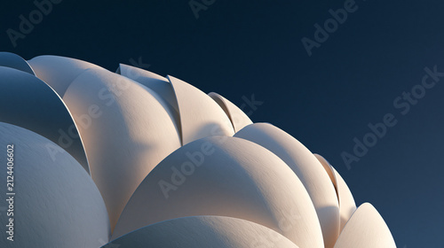 Abstract architectural detail with soft lighting and shadow. The curves and layers create an organic, almost petal-like form against a deep blue background AI generative