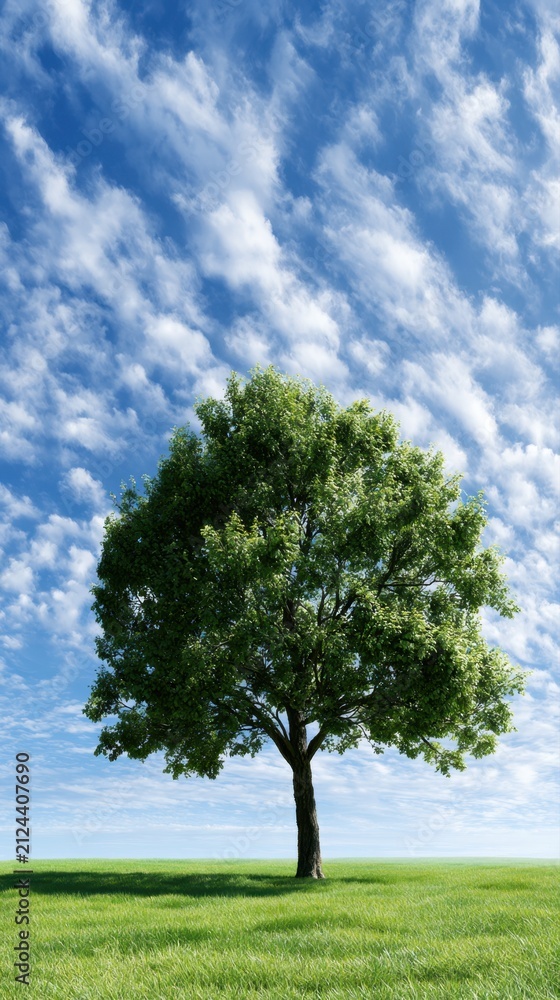 Obraz premium Lone tree standing tall in a vast green field under a vibrant blue sky with scattered white clouds on a bright sunny day
