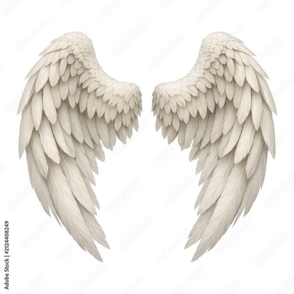 Obraz premium Illustration of a pair of detailed, white angel wings on a white background.