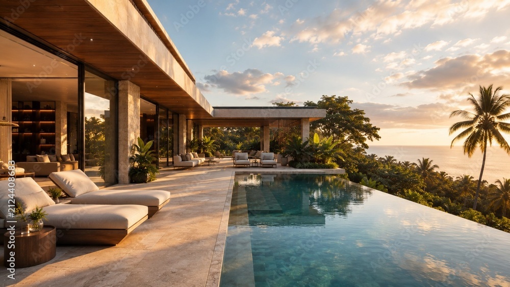 Fototapeta premium Luxury Tropical Contemporary Villa – Sunset Infinity Pool Terrace