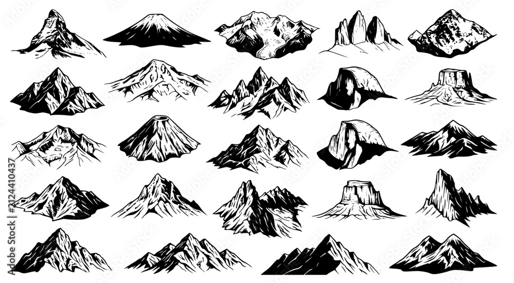 Fototapeta premium Graphic collection of various mountain range silhouettes and peak illustrations for outdoor adventure branding and travel landscape design projects in black and white vector