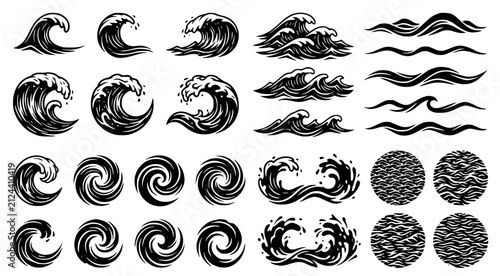 Quadro su tela Set of artistic ocean wave icons and water ripple illustrations representing sea