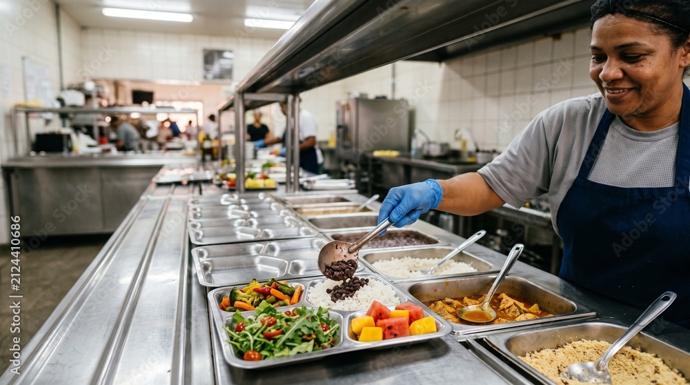 Obraz premium Balanced school lunch plated on trays in Brazilian kitchen