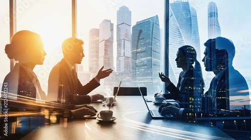 Double exposure of business team meeting with a modern city skyline.