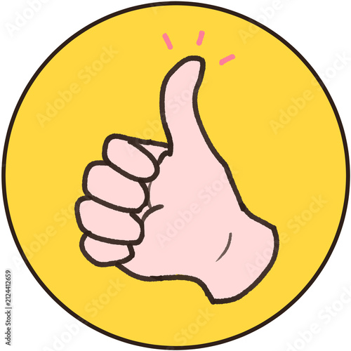 Fotografie Cute cartoon thumbs up hand gesture on yellow circle badge clipart illustration