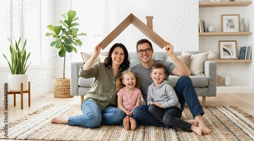 Happy family with children under cardboard roof in new home living room