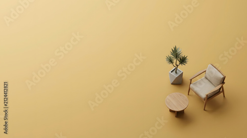 a chair and a plant on a yellow background