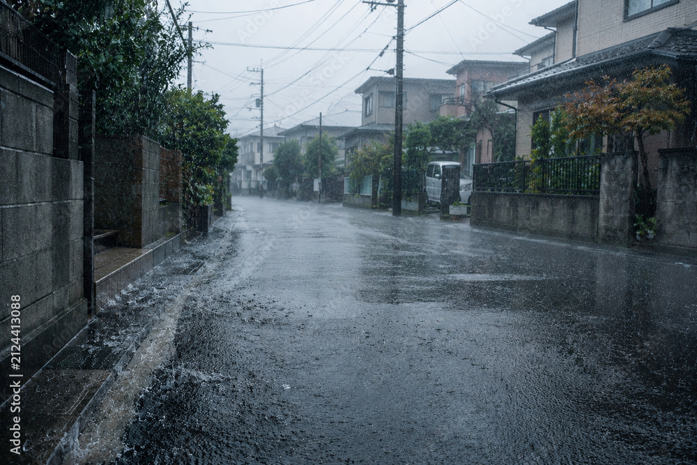Fototapeta premium Heavy Rain and Torrential Downpour｜大雨・豪雨・住宅街の写真素材