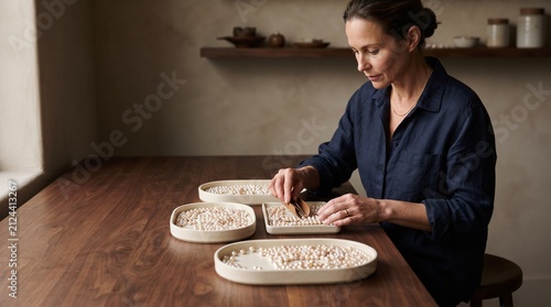 Pearl grader sorting cultured pearls in a midnight blue atelier