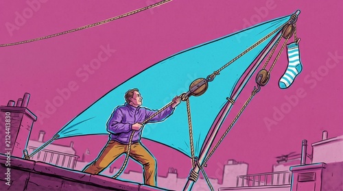 A lone sock rises to a rooftop line on an oversized sail rig