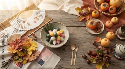 Korean Autumn Harvest Celebration: A beautiful spread of traditional Korean delicacies and autumnal fruits are arranged on a rustic wooden table, accompanied by decorative fans and fall foliage.
