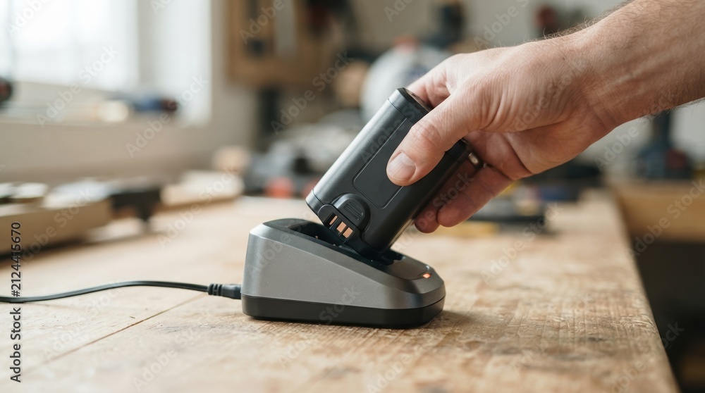 Fototapeta premium Man inserting rechargeable tool battery into charger on workbench in workshop
