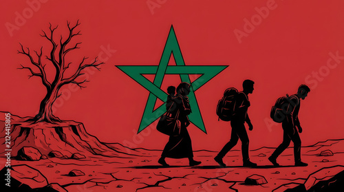 Silhouette of family migration against moroccan national flag.Generative AI