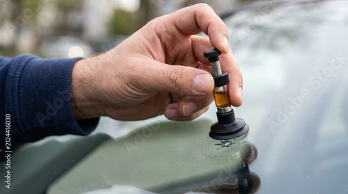 Man repairing a chipped car windshield with a resin injection tool for automotive glass maintenance