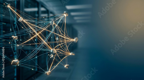 a network of connected lines in the middle of a server room