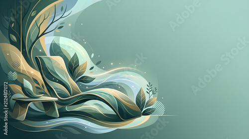 a green and blue abstract background with leaves