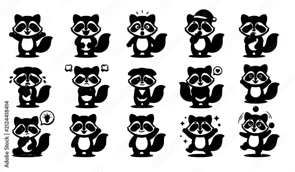 Obraz premium Cute Funny Raccoon Character Collection with Different Emotions Cartoon Vector Set