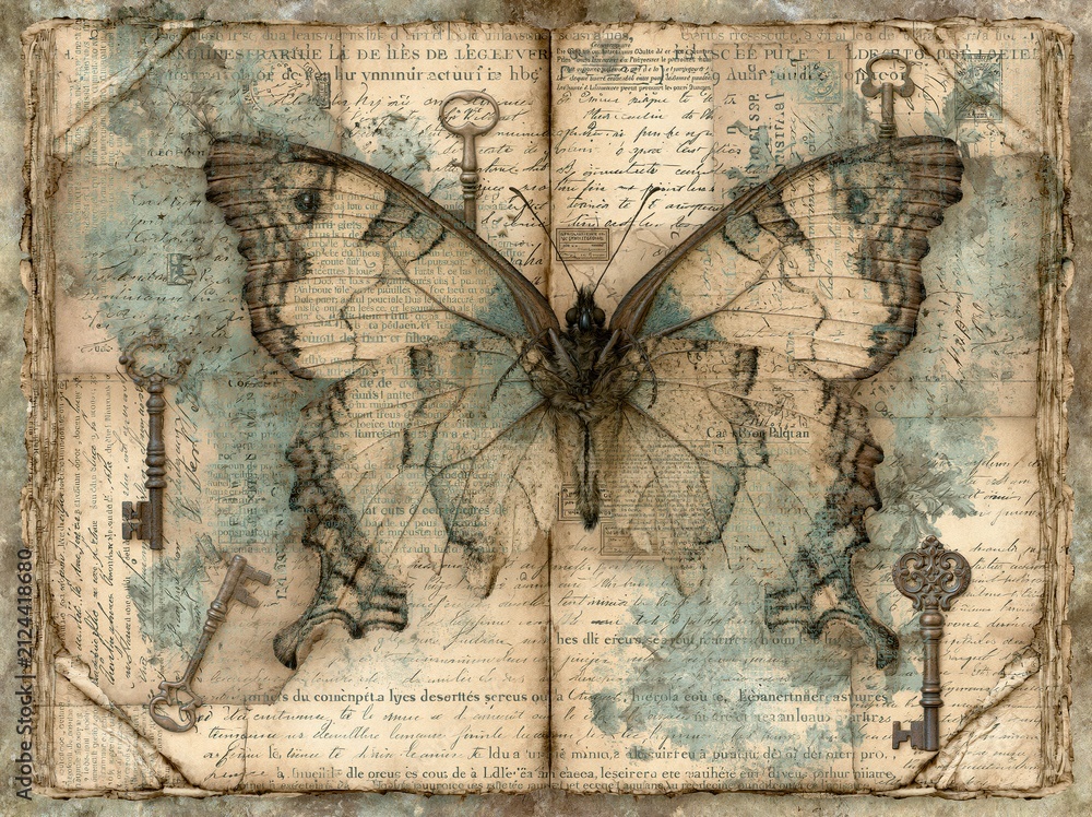 Fototapeta premium Vintage junk journal butterfly spread. Antique paper collage with keys and script writing.