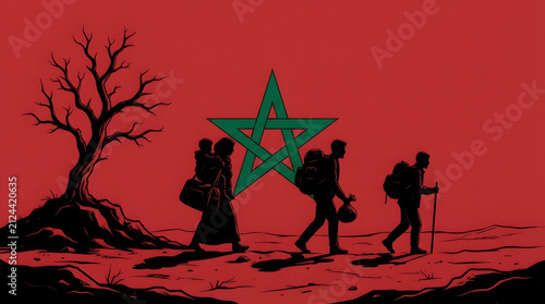 Migrant family silhouette traveling before moroccan flag symbol .Generative AI