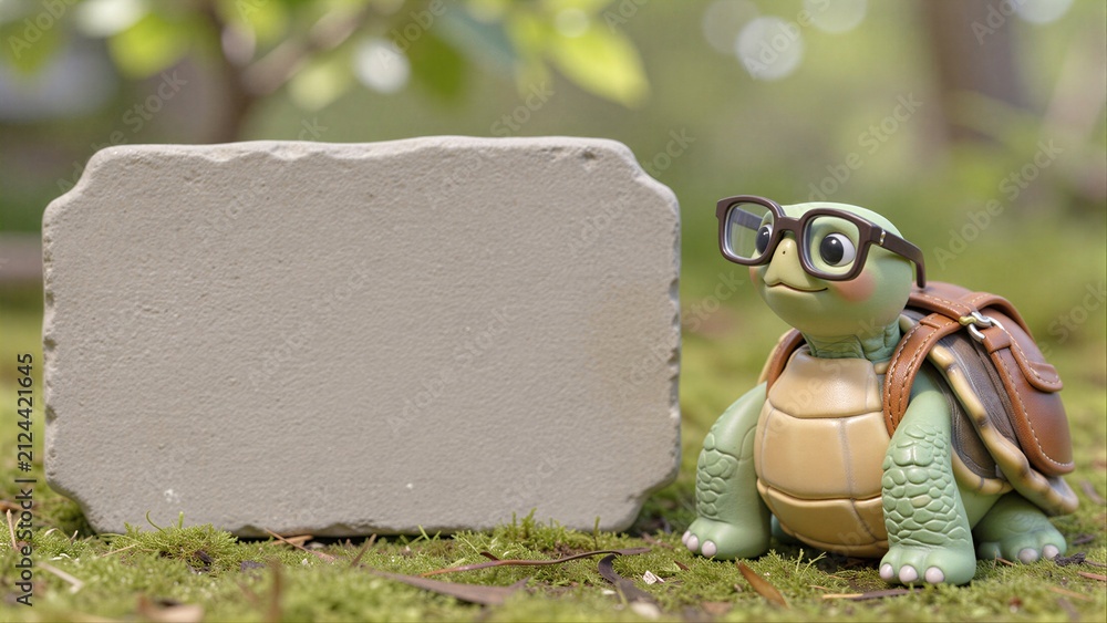 Fototapeta premium Glasses-wearing turtle with backpack stands beside blank stone in green grass.