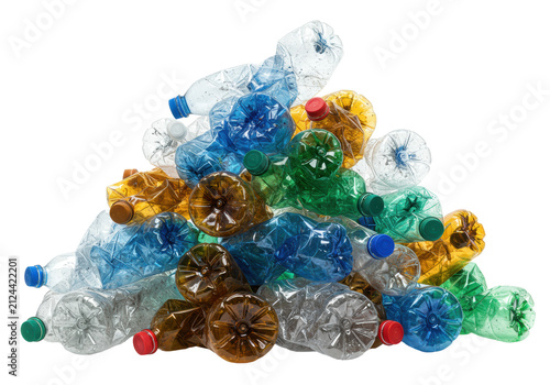 Ultra-detailed, high-contrast macro shot of a voluminous pile of dirty, multicolored, crumpled pet plastic bottles isolated against a stark white void background, conceptual representation of