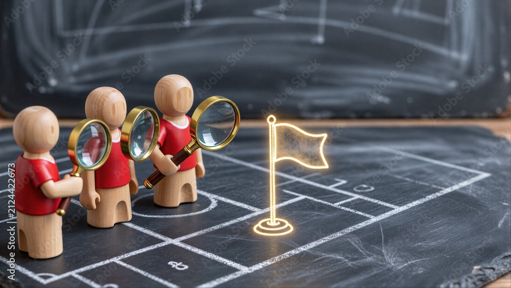 Fototapeta premium Wooden figures with magnifiers examine a glowing flag on chalkboard game board.
