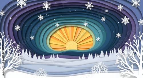 Paper Cut Winter Scene with Golden Sun and Snow-Covered Trees
