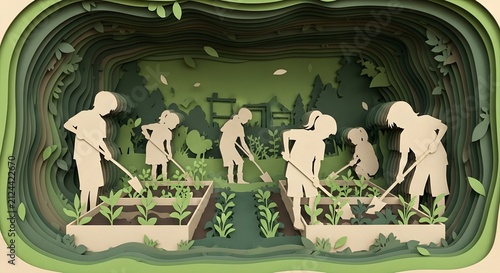 Paper Cut Illustration of People Working Together in a Sustainable Community Vegetable Garden